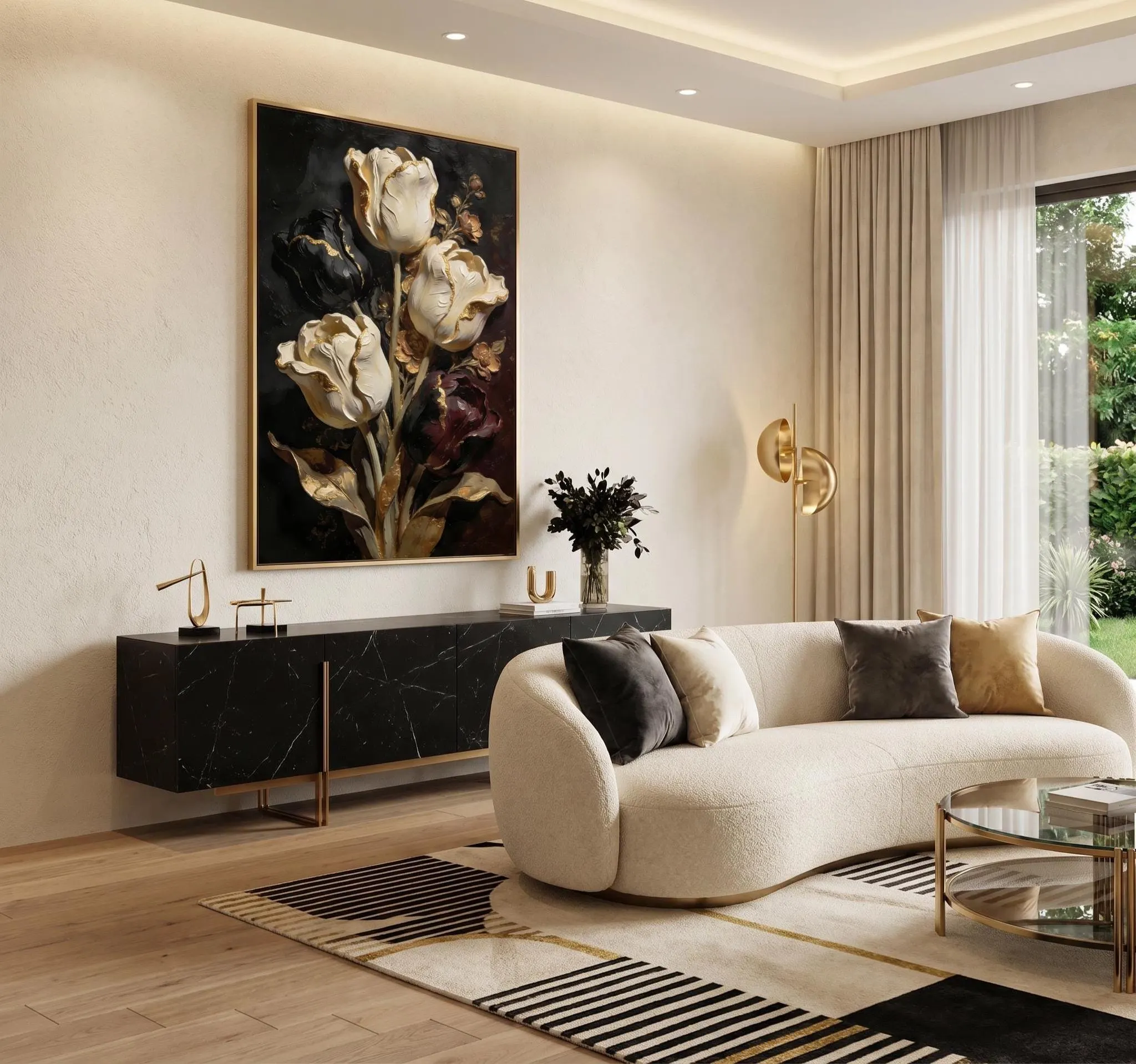 Luxury Black & White Tulip Wall Art, Gold Floral Painting, Dark Moody Flower Print, Elegant Botanical Decor, Printable Large Canvas Artwork - image 3