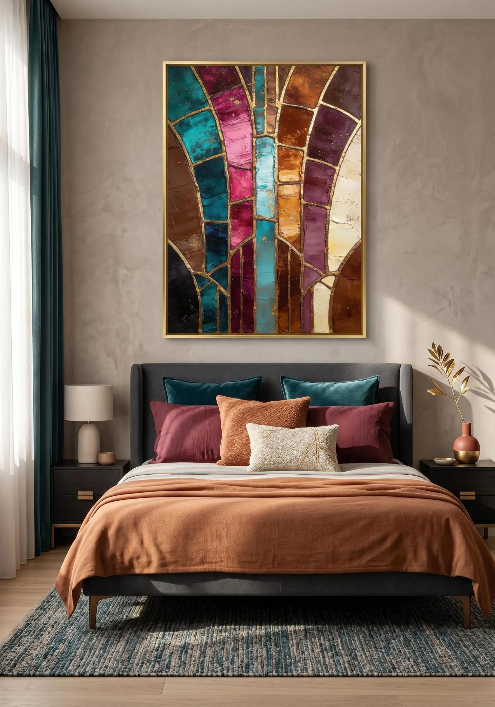 Teal Burgundy Abstract Wall Art Printable, Colorful Luxury Wall Art, Stained Glass Inspired Canvas Print, Modern tDecor, Jewel Tone Wall Art - image 3