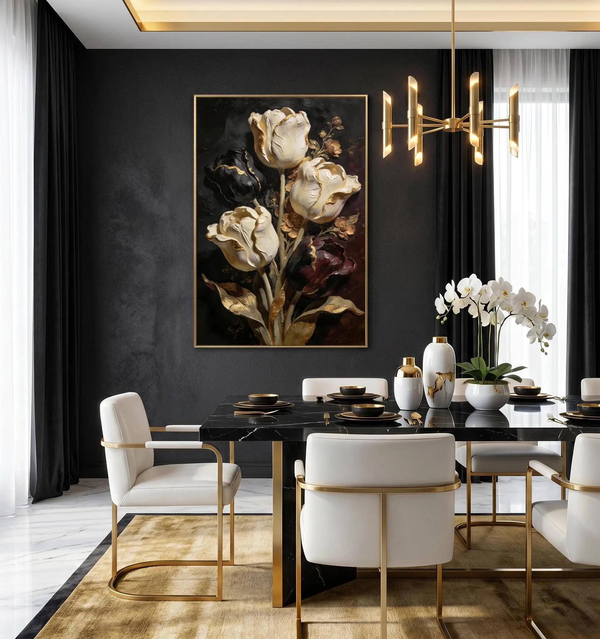 Luxury Black & White Tulip Wall Art, Gold Floral Painting, Dark Moody Flower Print, Elegant Botanical Decor, Printable Large Canvas Artwork - image 4