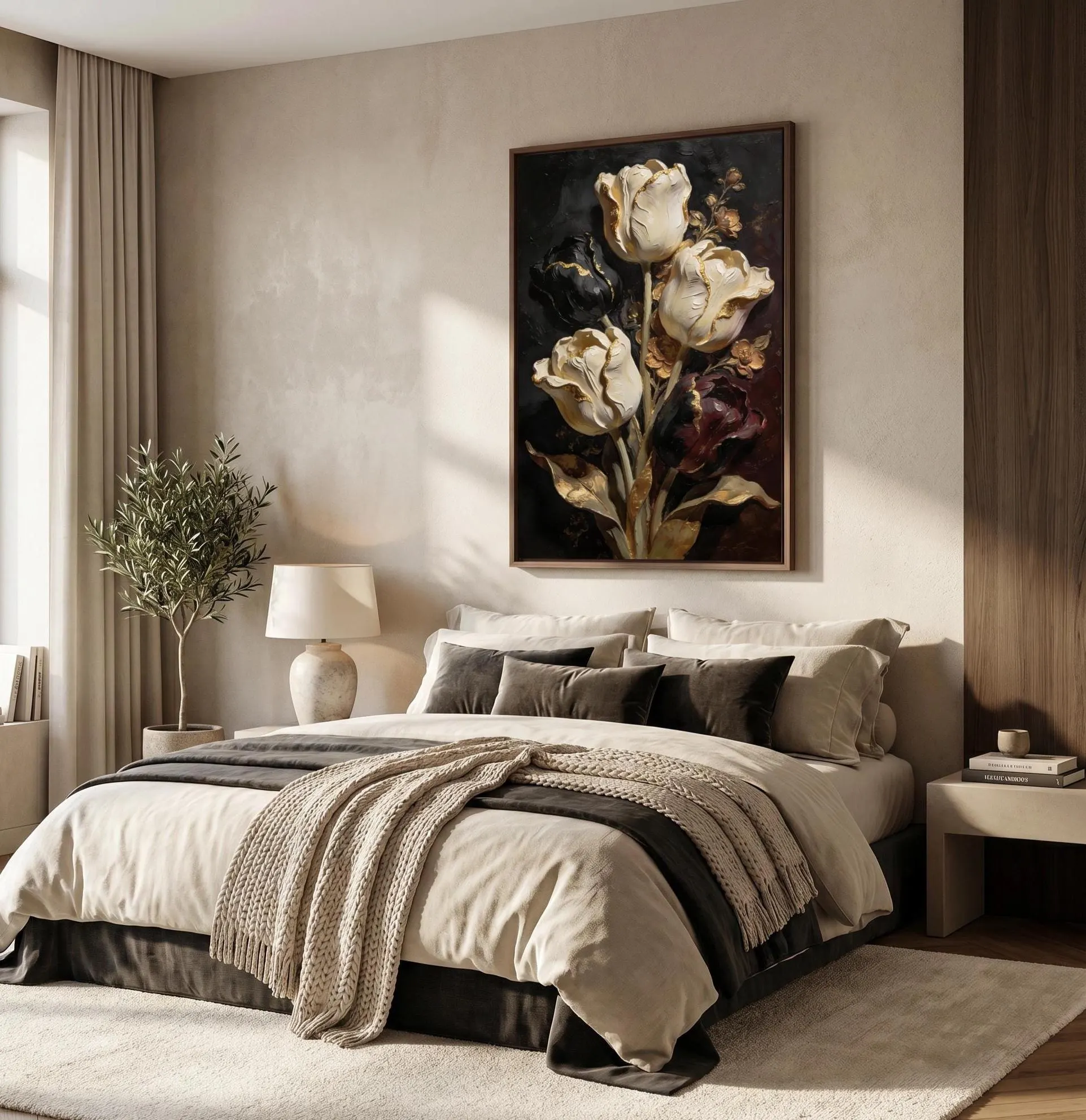 Luxury Black & White Tulip Wall Art, Gold Floral Painting, Dark Moody Flower Print, Elegant Botanical Decor, Printable Large Canvas Artwork - image 5