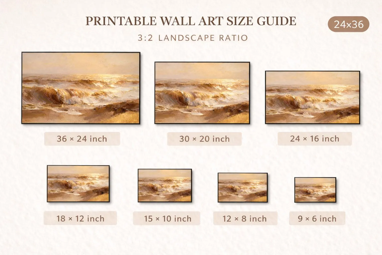 Luxury Ocean Wave Wall Art Print, Large Abstract Seascape Painting, Neutral Coastal Decor, Gold Beige Beach Art, Modern Living Room Wall Art - image 4