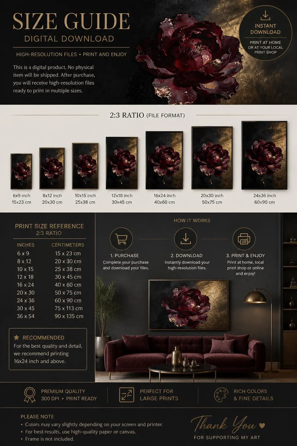 Dark Burgundy Peony Digital Download, Luxury Floral Wall Art Printable,Black Gold Oil Painting,Moody Flower Instant Download,Large Wall Art - image 4
