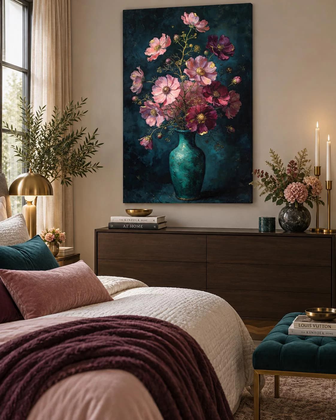 Dark Floral Wall Art Printable, Moody Flower Painting, Teal Burgundy Botanical Art, Vintage Floral Digital Download - image 5