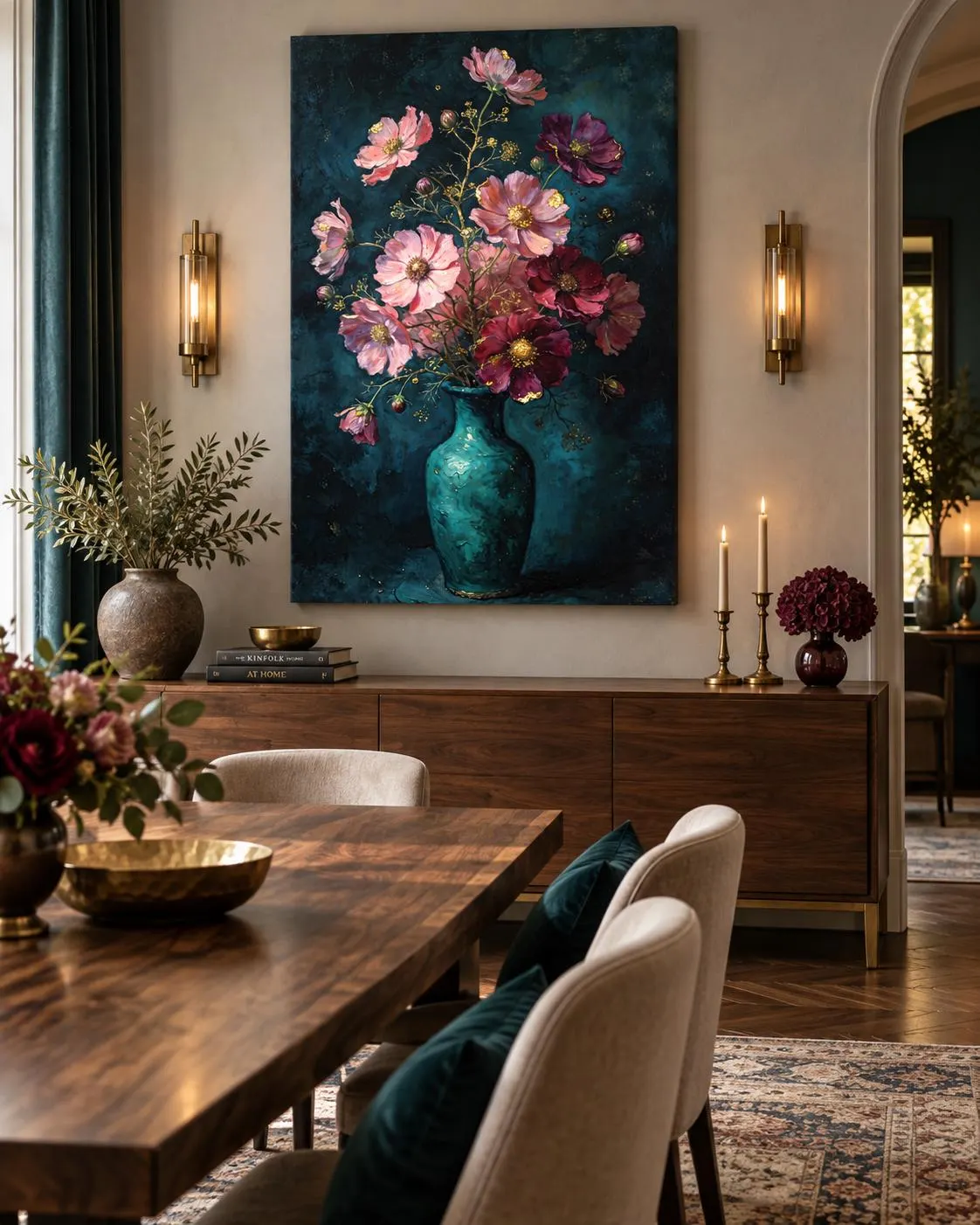Dark Floral Wall Art Printable, Moody Flower Painting, Teal Burgundy Botanical Art, Vintage Floral Digital Download - image 3