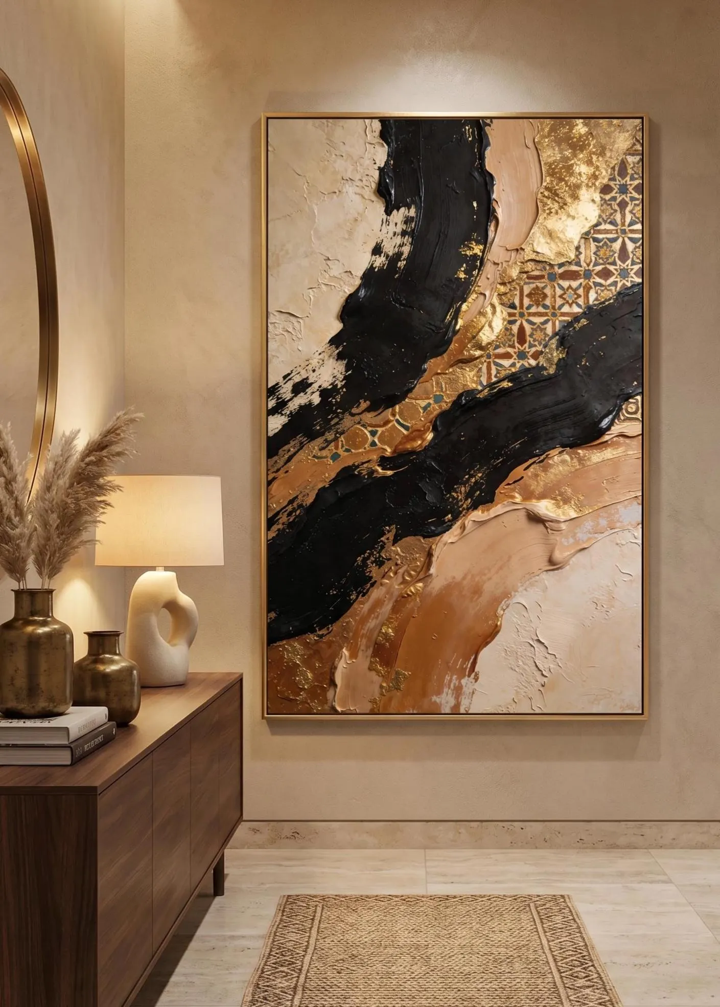 Moroccan Luxury Abstract Wall Art Print, Black Gold Beige Texture Painting, Neutral Boho Canvas Art, Modern Digital Download,Impasto Artwork - image 4