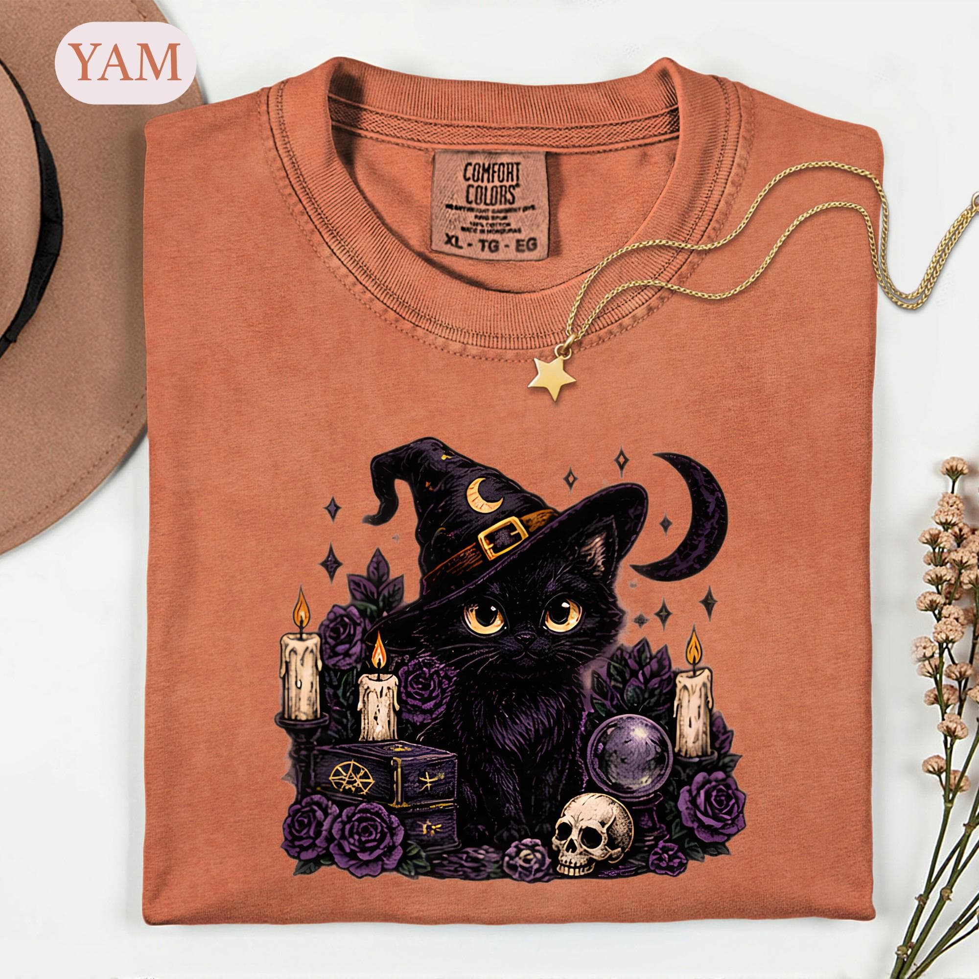 Witchy Black Cat Shirt, Gothic Halloween Cat Tee, Whimsigoth Spooky Season Tshirt, Dark Floral Aesthetic Graphic, Witch Lover Gift