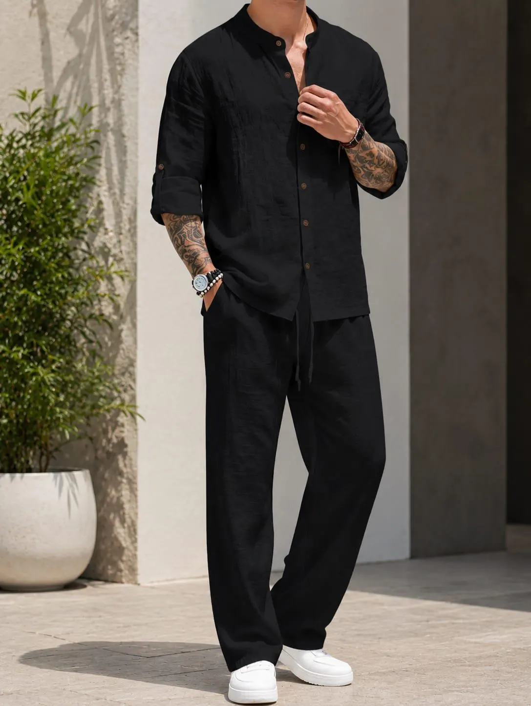 Men's Linen Tunic Shirt and Pant | Lightweight Loungewear short kurta, Summer Co Ord set - image 3