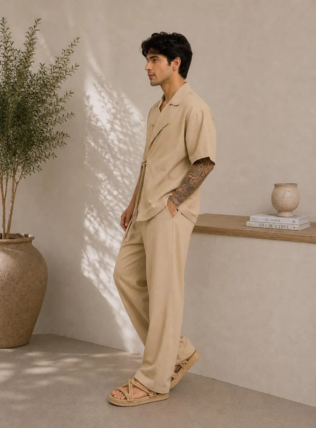 Men's Beige Cotton Linen Lounge Set, Wrap Top, Wide Leg Pants, Resort Wear - image 3