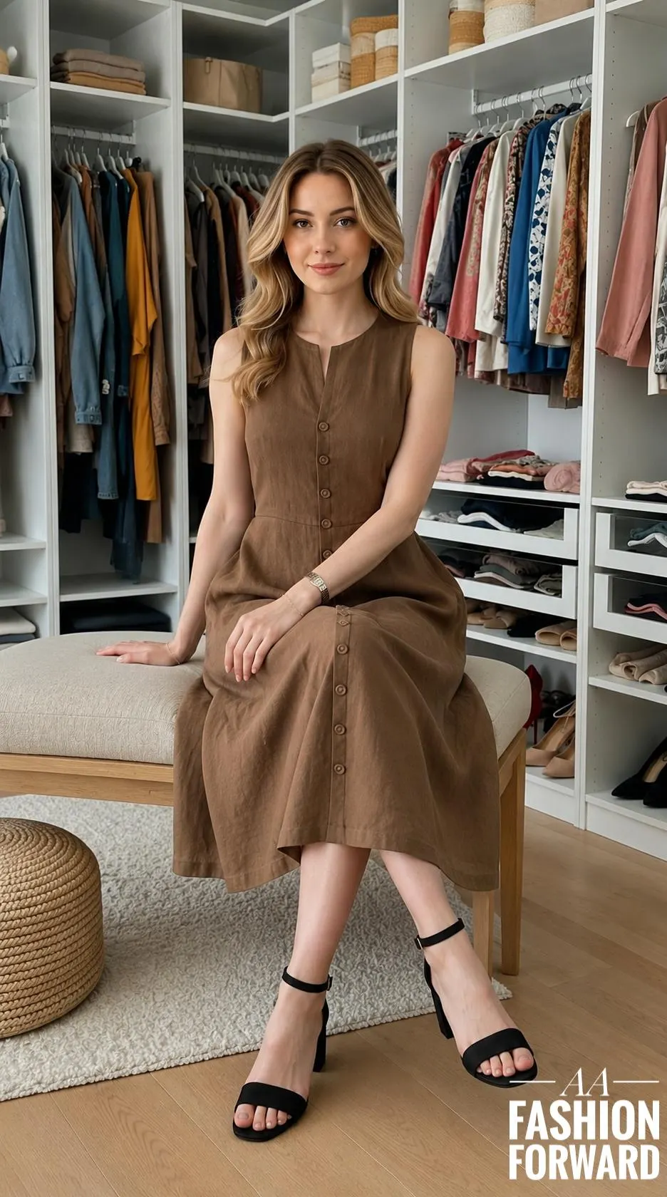 Sleeveless Brown Midi Dress | Button Down Linen Blend Dress | Minimalist Women’s Clothing - image 5