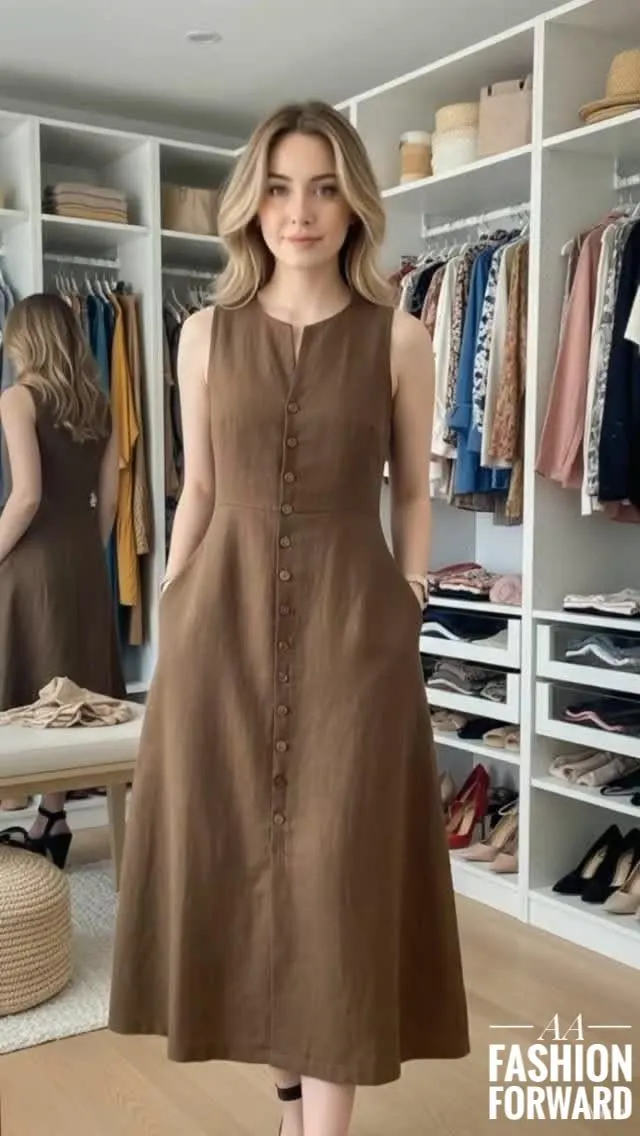 Sleeveless Brown Midi Dress | Button Down Linen Blend Dress | Minimalist Women’s Clothing - image 4