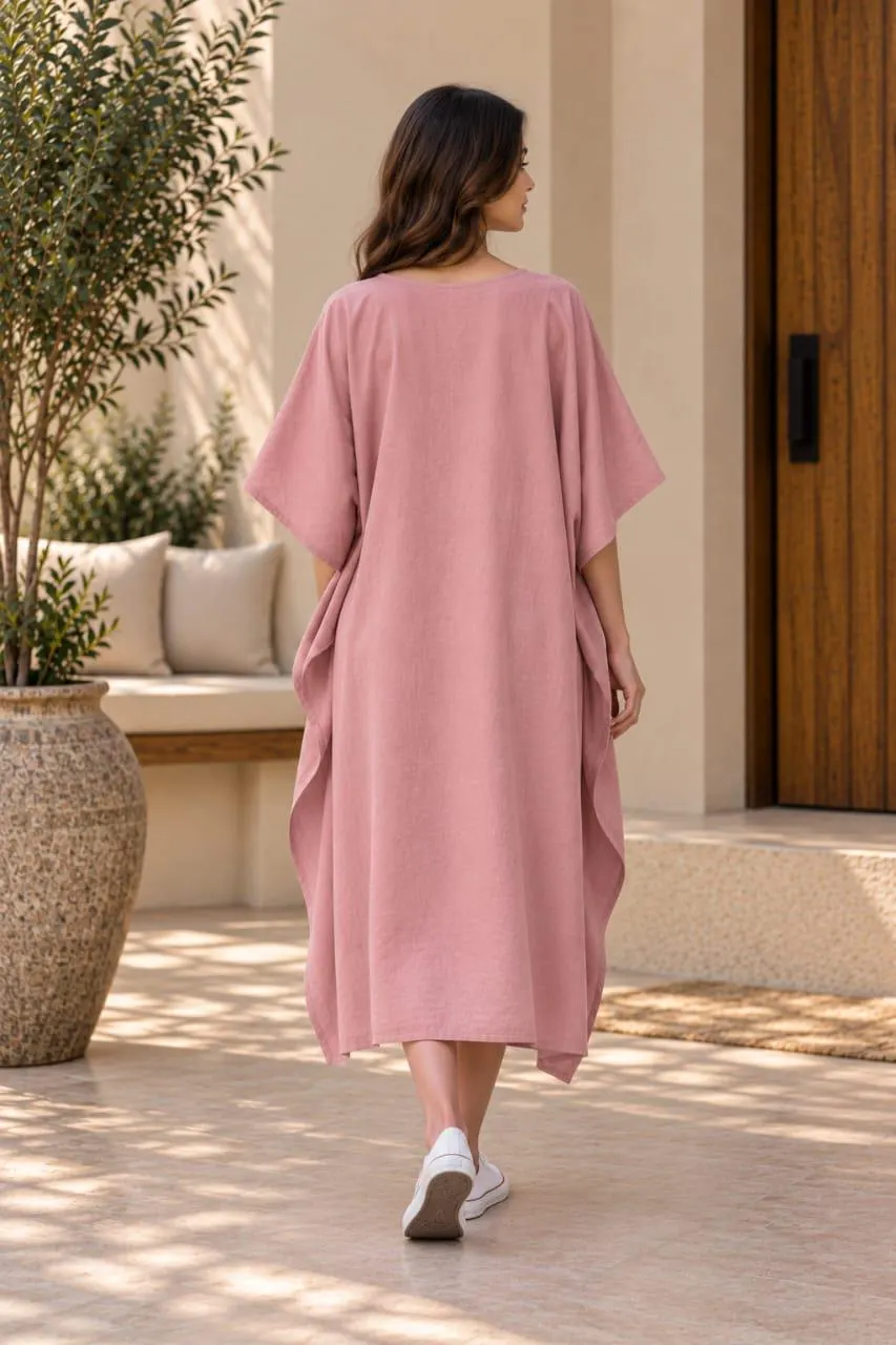 Western Traditional Ethnic Wear - Deep V-neck Cutomised Loose Kaftan Dress - Women's Pink Loungewear - image 5
