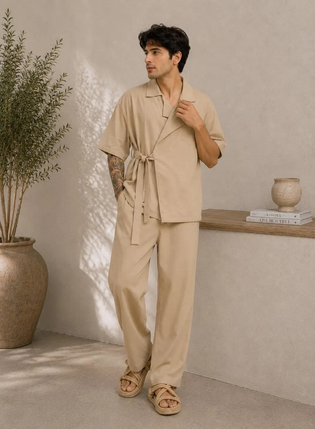 Men's Beige Cotton Linen Lounge Set, Wrap Top, Wide Leg Pants, Resort Wear - image 5