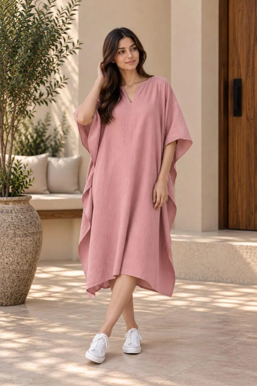 Western Traditional Ethnic Wear - Deep V-neck Cutomised Loose Kaftan Dress - Women's Pink Loungewear - image 3