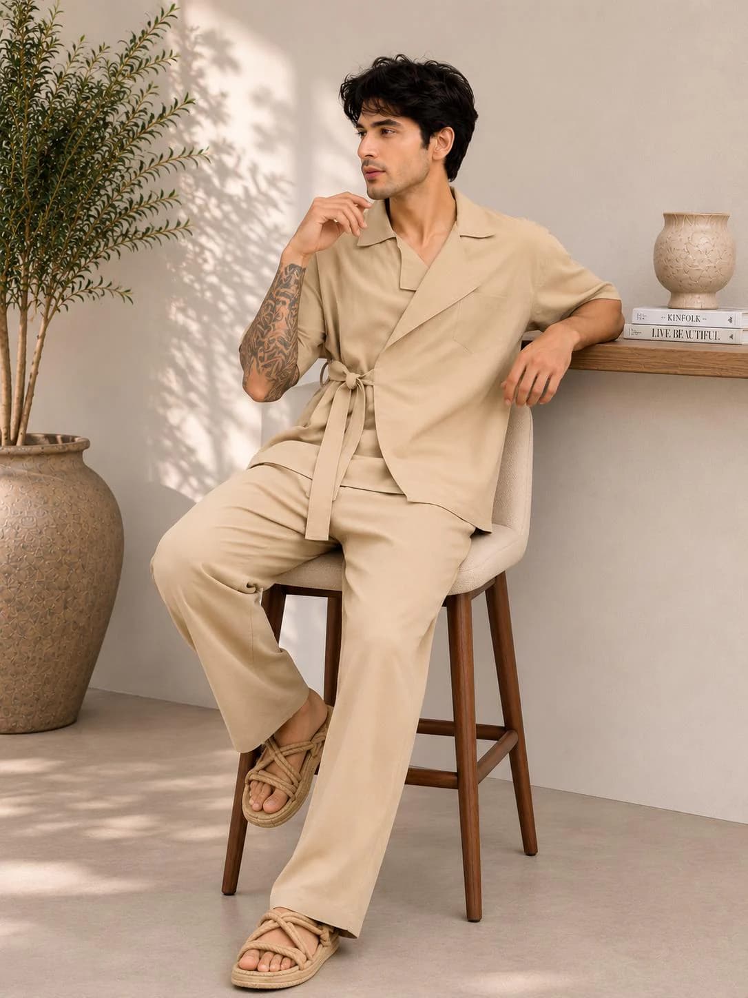 Men's Beige Cotton Linen Lounge Set, Wrap Top, Wide Leg Pants, Resort Wear - image 4