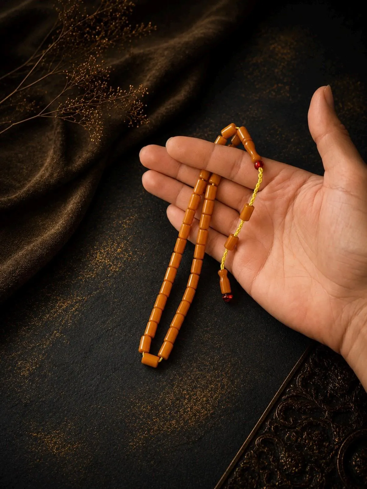 Honey Gold Compressed Amber Prayer Beads 6x9mm Barrel Cut Tasbih Gift Box - image 5