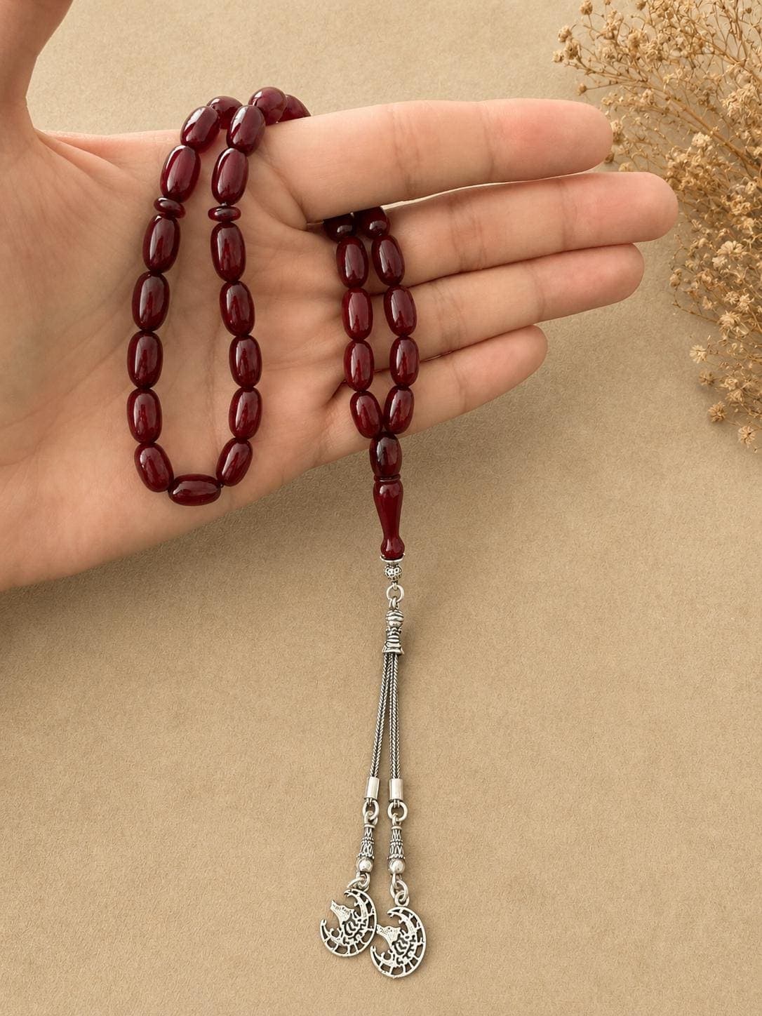 Handcrafted Sıkma Amber Prayer Beads • 4x9mm Cherry Tesbih, Silver Wolf Tassel - image 5