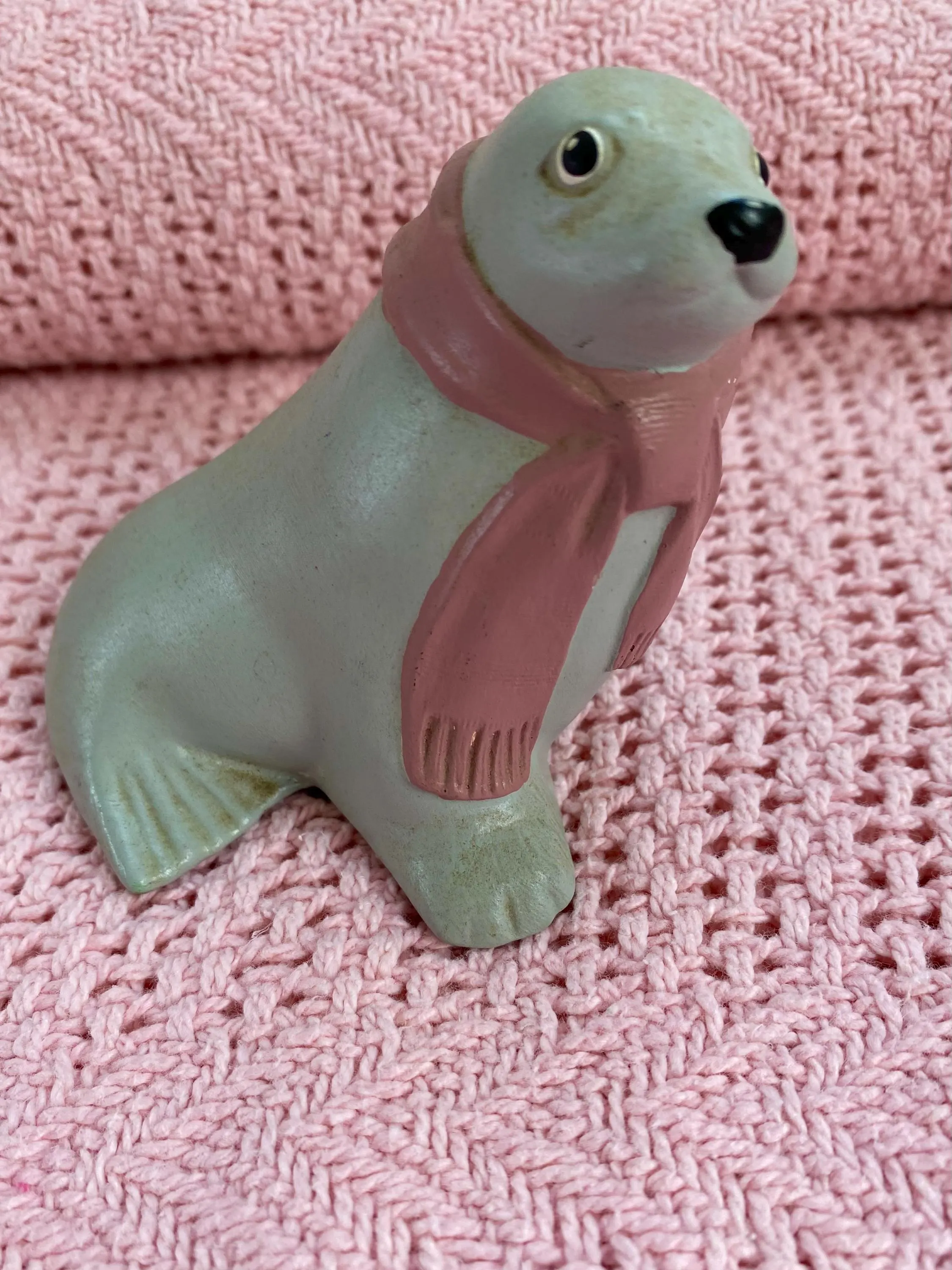 Vintage Ceramic Seal Wearing a Pink Scarf. Gray Seal Figurine for Christmas. Charming Statue. Holiday Toy. - image 3