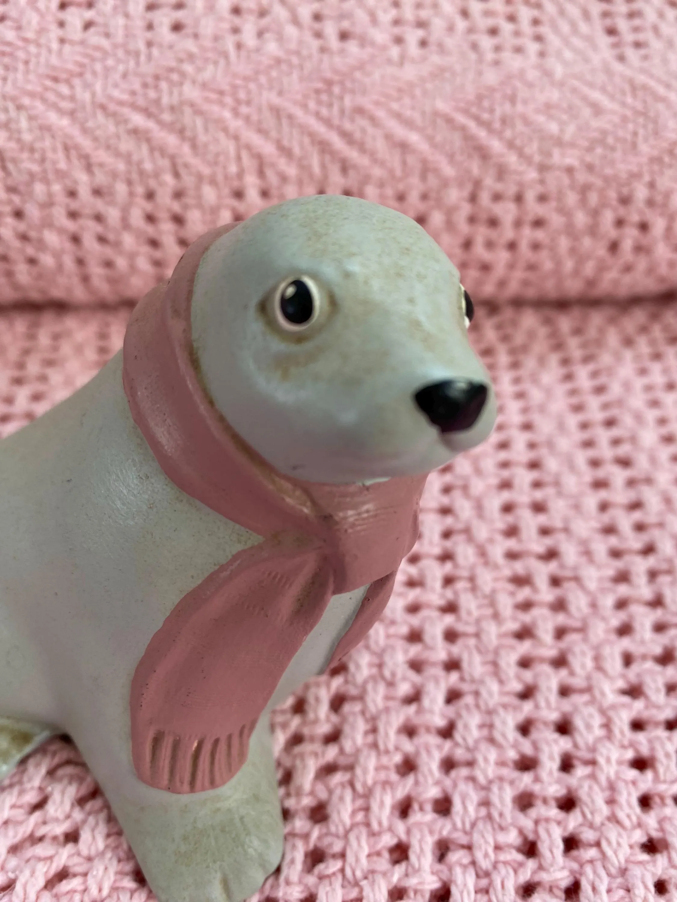Vintage Ceramic Seal Wearing a Pink Scarf. Gray Seal Figurine for Christmas. Charming Statue. Holiday Toy. - image 4