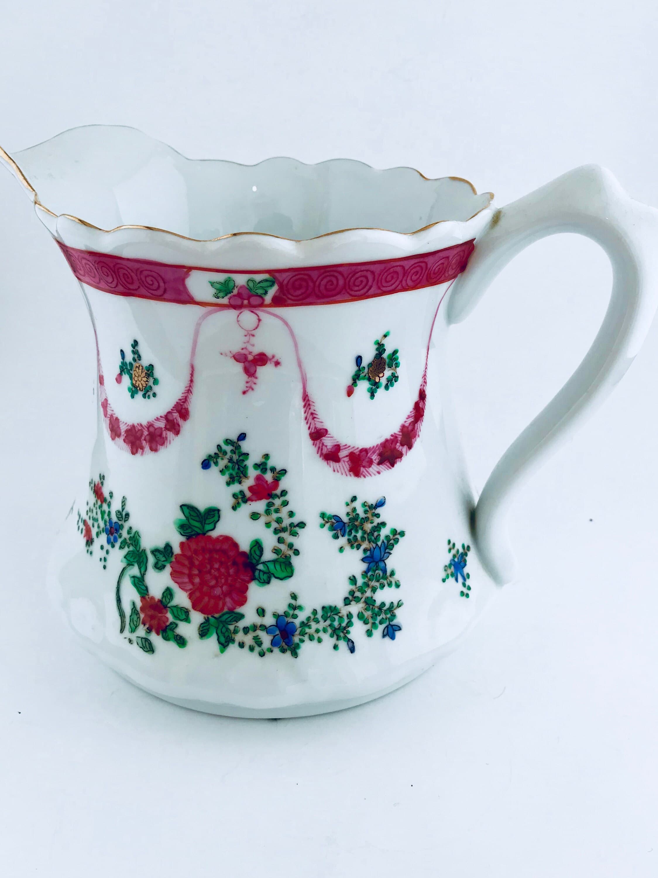 Vintage Ceramic Pitcher. Asian Vase. Porcelain Vanity Jar. Japanese Ware. Hand-Painted in Hong Kong. Floral Design. Christmas Gift. - image 5