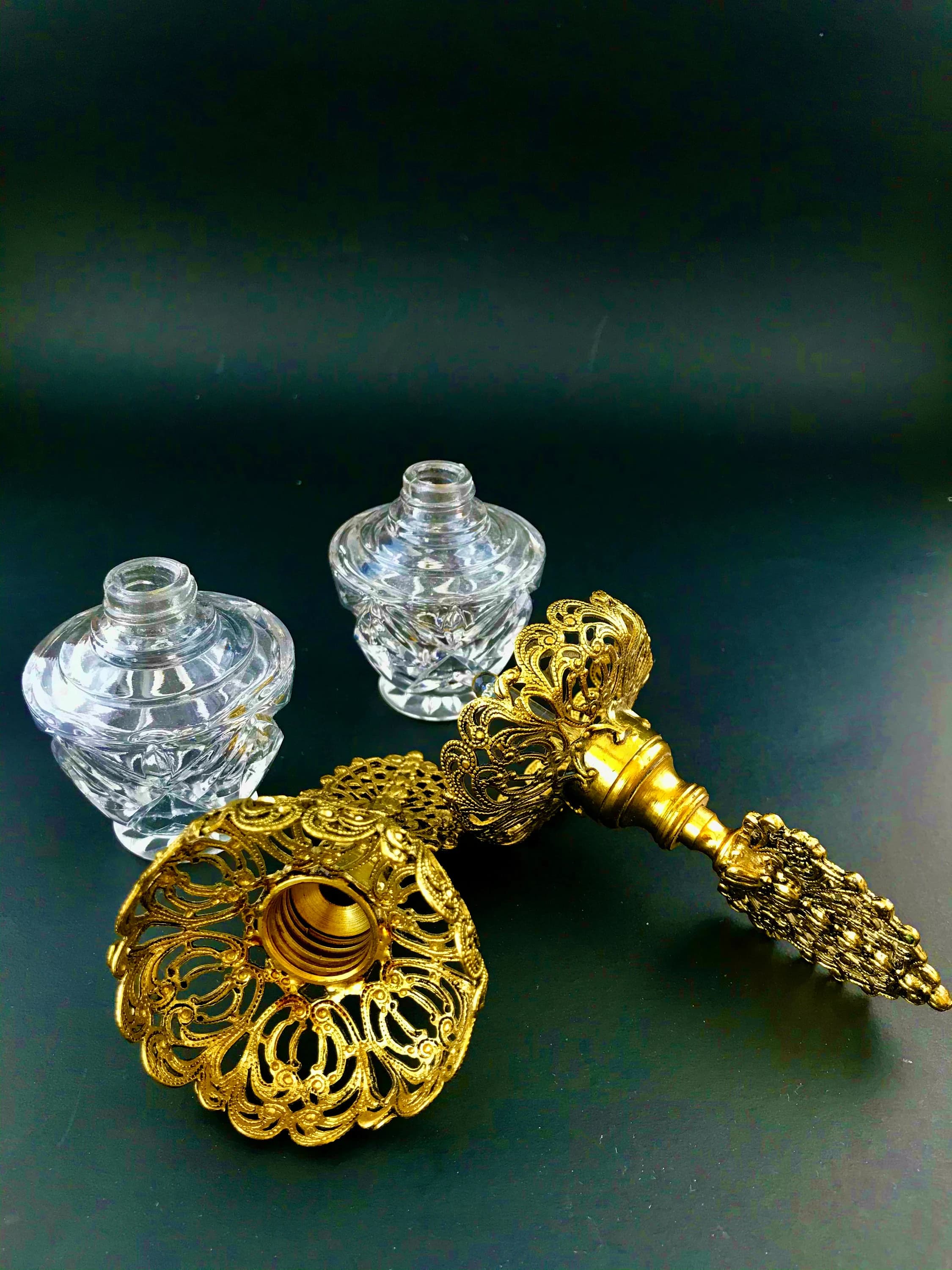 Vintage Perfume Bottles. Cut Glass, Brass Decanters. Ormolu Toppers. Ornate Crystal Vanity Set. Stunning Ladies' Vanity Set. Christmas Gift. - image 3