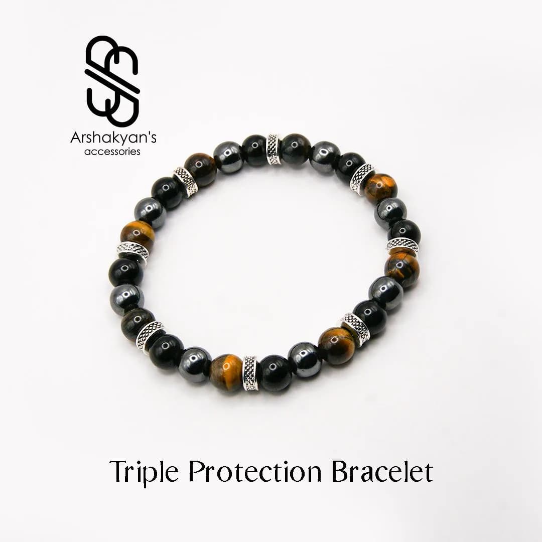 Triple Protection Bracelet, Black Obsidian, Tiger's Eye, Hematite, Silver Tone Spacers, Mens bracelet - image 4