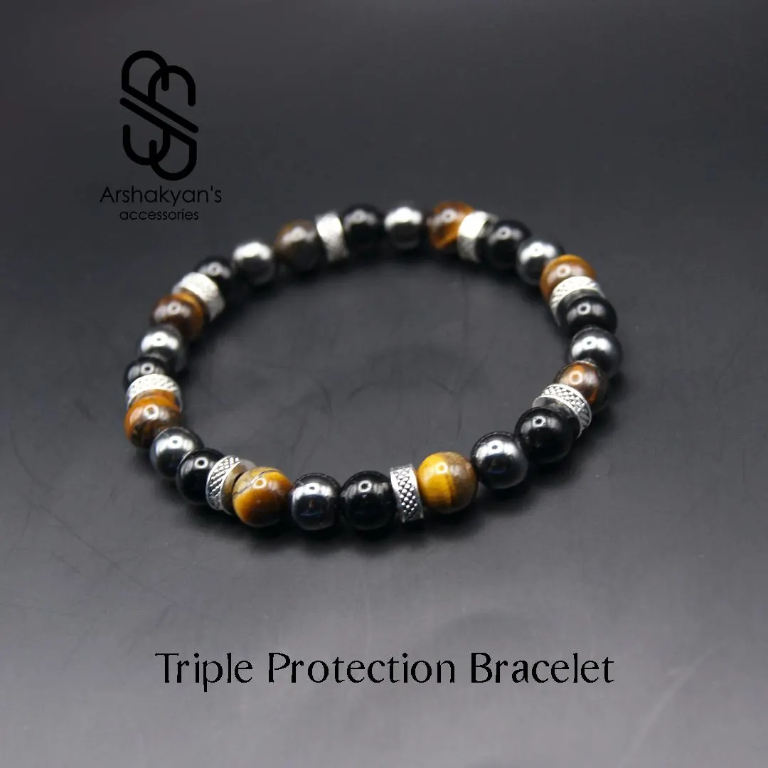 Triple Protection Bracelet, Black Obsidian, Tiger's Eye, Hematite, Silver Tone Spacers, Mens bracelet - image 5