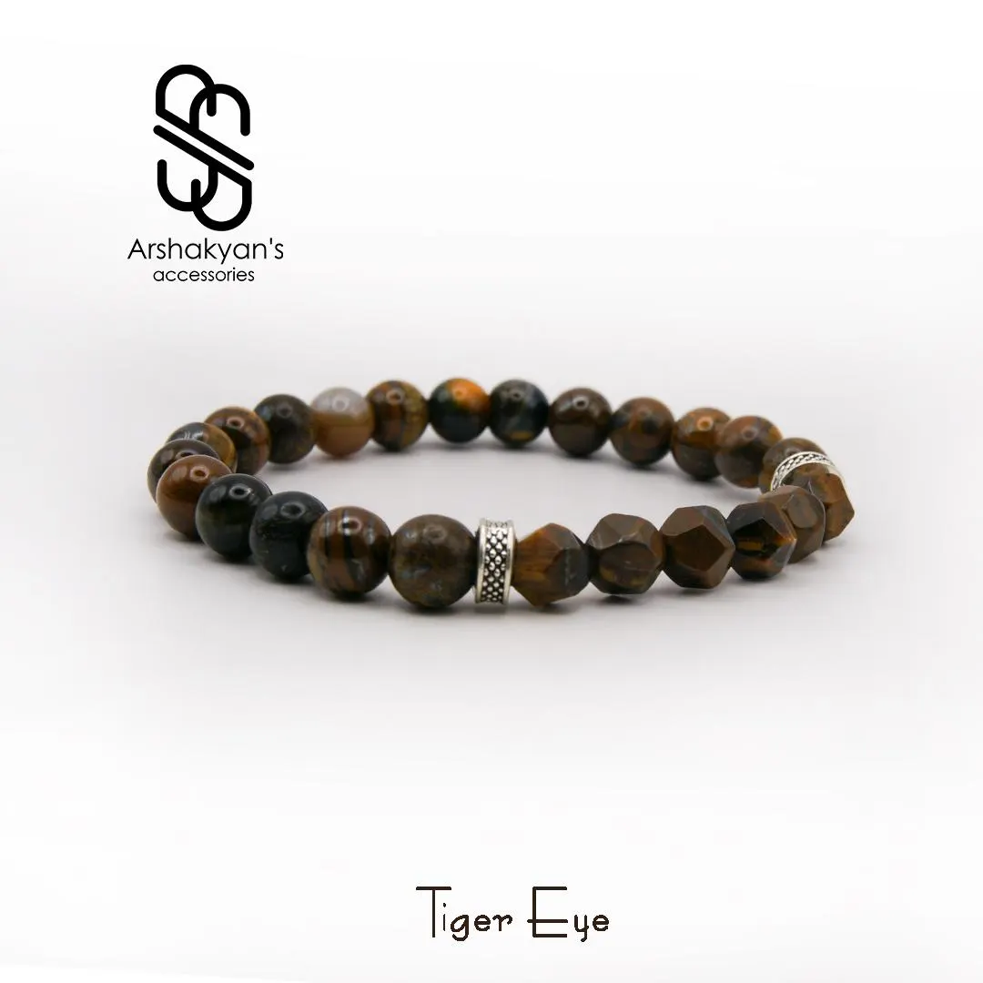 Tiger Eye Beaded Bracelet, Faceted Gemstone, Silver-Tone Accents, Handmade Bracelet, - image 3