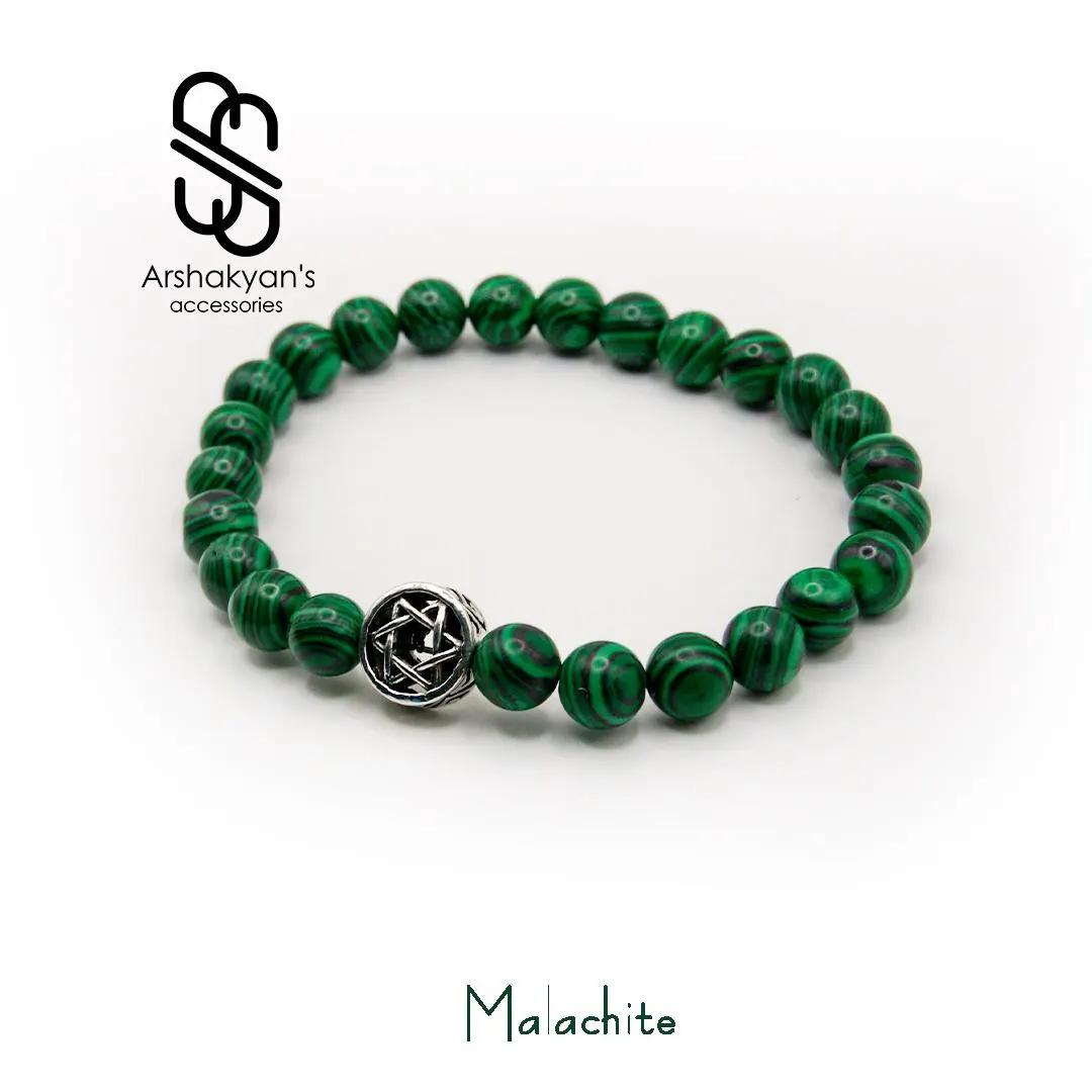 Green Malachite Beaded Bracelet, Silver Tone Star of David Charm, Natural Gemstone Stretch Jewelry - image 5
