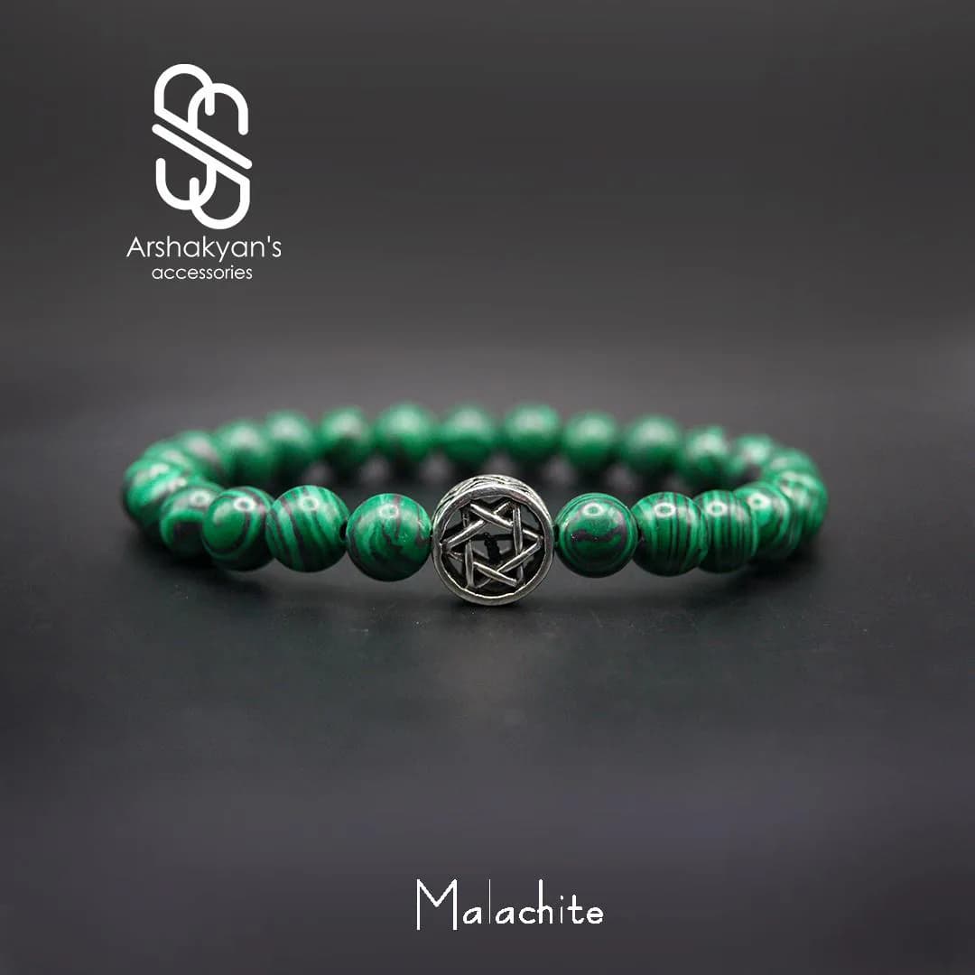 Green Malachite Beaded Bracelet, Silver Tone Star of David Charm, Natural Gemstone Stretch Jewelry - image 3