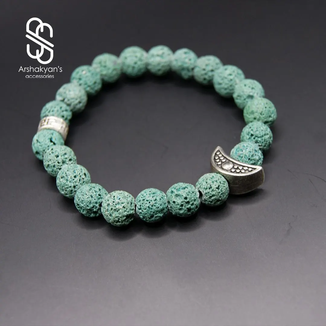 Turquoise Lava Stone Bracelet | Silver Crescent Moon Charm, Boho Aromatherapy Jewelry - image 4
