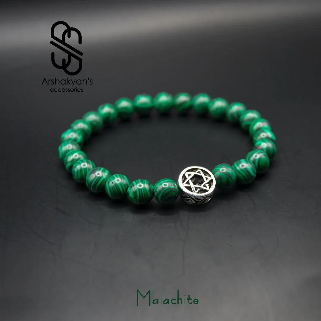 Green Malachite Beaded Bracelet, Silver Tone Star of David Charm, Natural Gemstone Stretch Jewelry - image 4