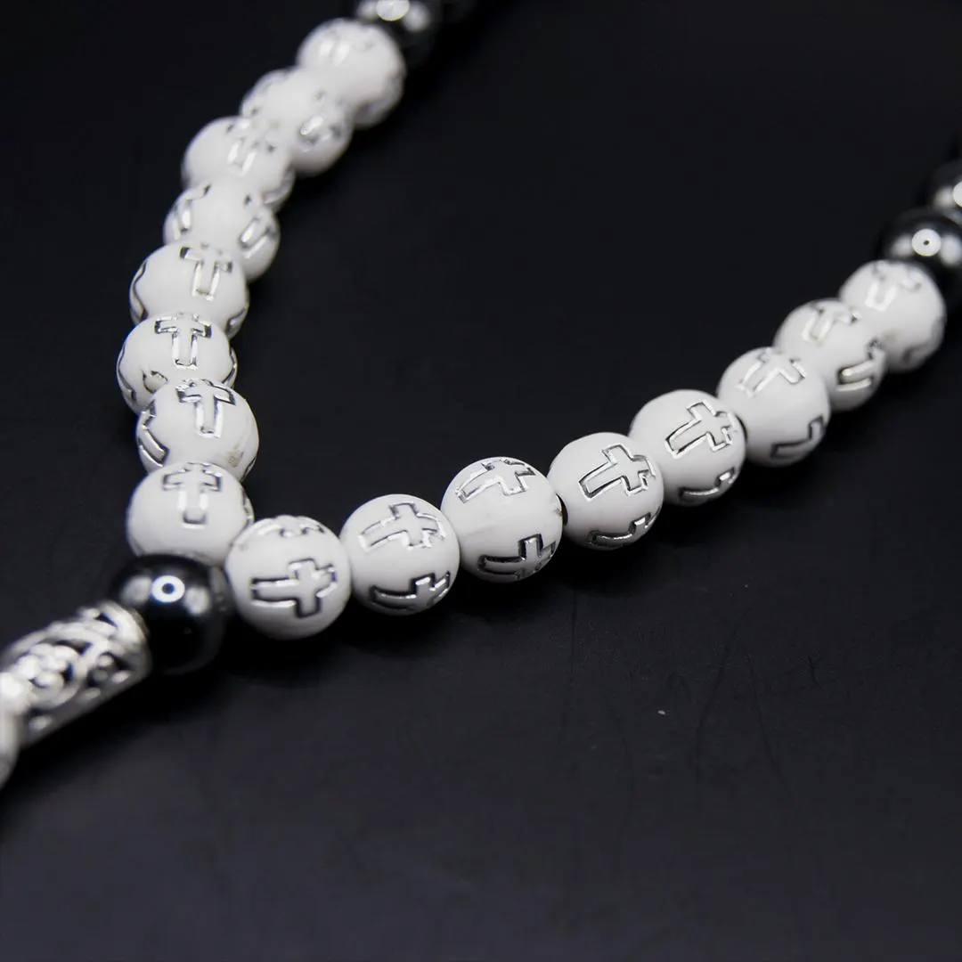 Christian Prayer Beads Bracelet, White Engraved Cross Tasbih, Spiritual Jewelry, Unisex Religious Accessory - image 3