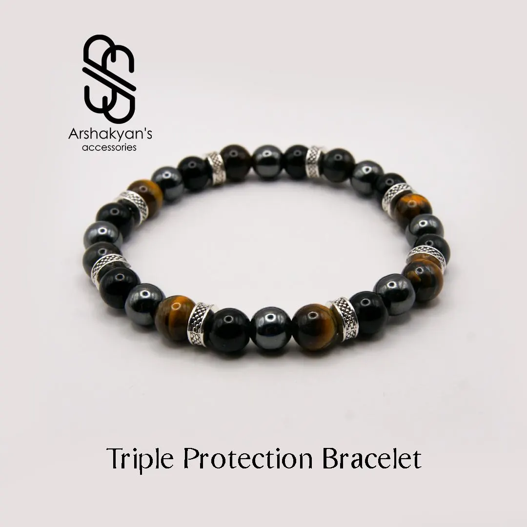Triple Protection Bracelet, Black Obsidian, Tiger's Eye, Hematite, Silver Tone Spacers, Mens bracelet - image 3