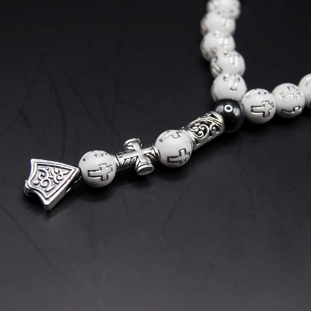 Christian Prayer Beads Bracelet, White Engraved Cross Tasbih, Spiritual Jewelry, Unisex Religious Accessory - image 4