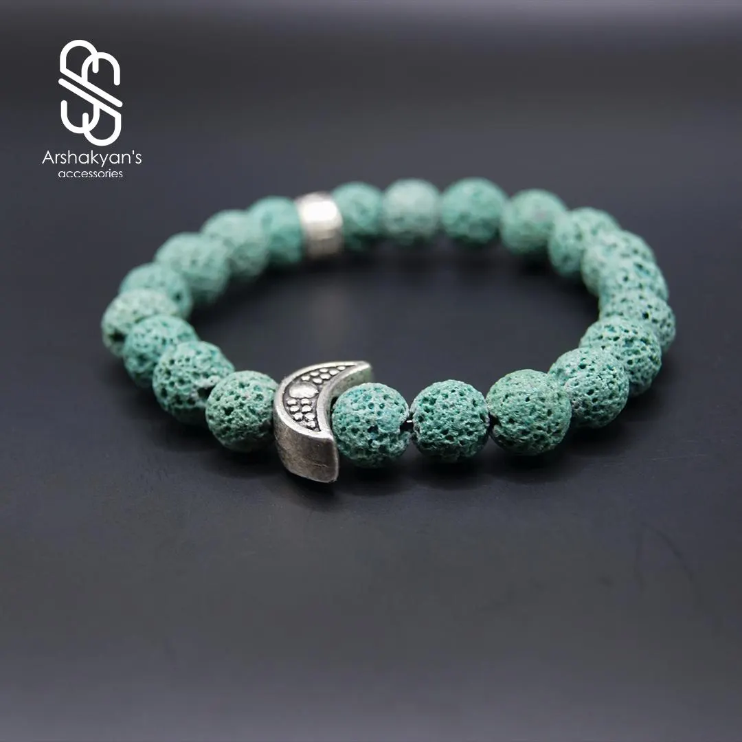 Turquoise Lava Stone Bracelet | Silver Crescent Moon Charm, Boho Aromatherapy Jewelry - image 3
