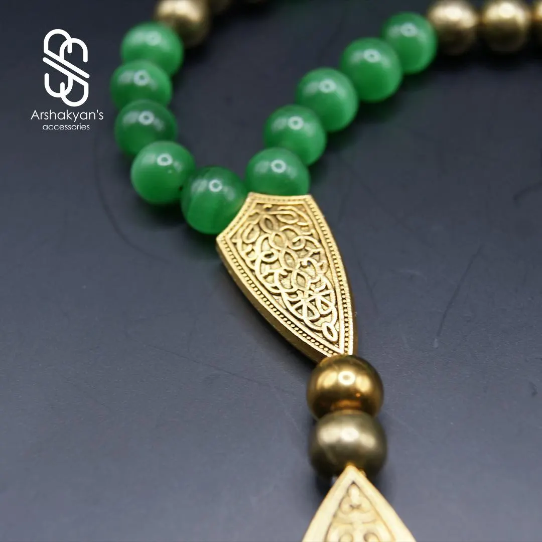 Green Tasbih Prayer Beads, Gold Accents, 33 Bead Misbaha, Islamic Rosary - image 3