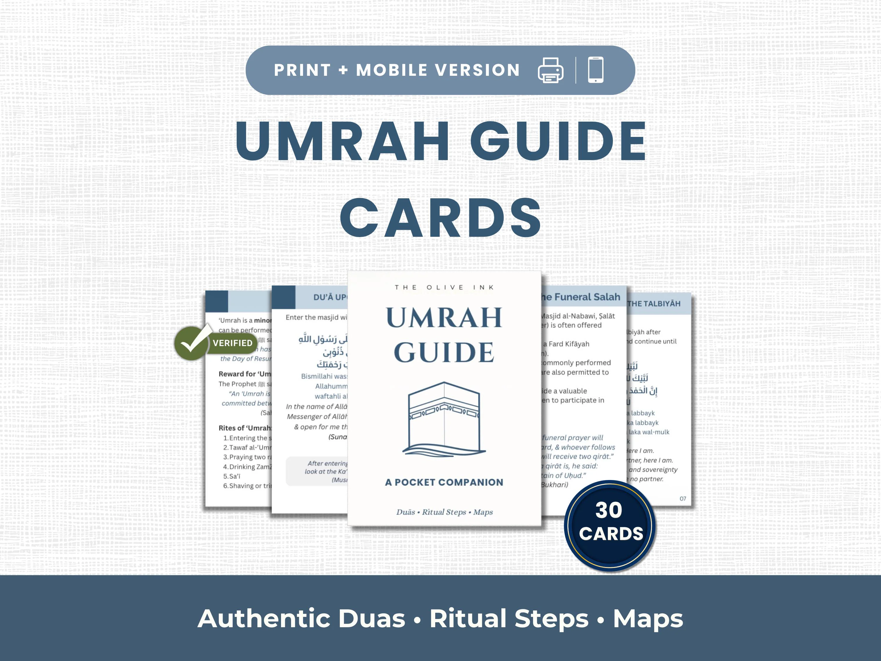 Umrah Guide Cards by The Olive Ink featuring 30 printable cards with authentic duas, Umrah ritual steps, and maps. Includes both a printable version and a mobile-friendly version for convenient use during your Umrah journey.
