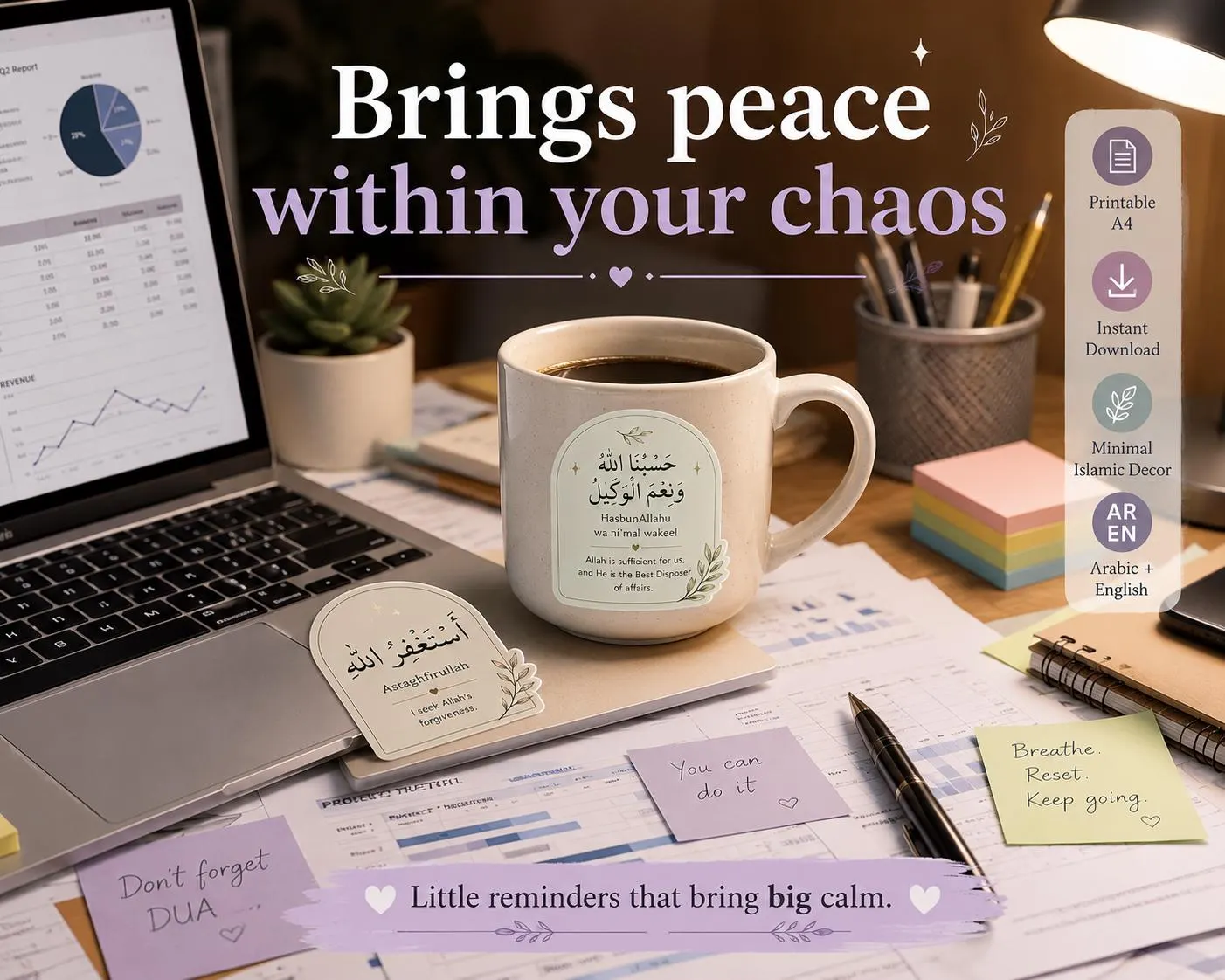 Islamic Dhikr Stickers, Anxiety Relief Reminders, Calm Heart Dua (A4 Instant Download) - image 3