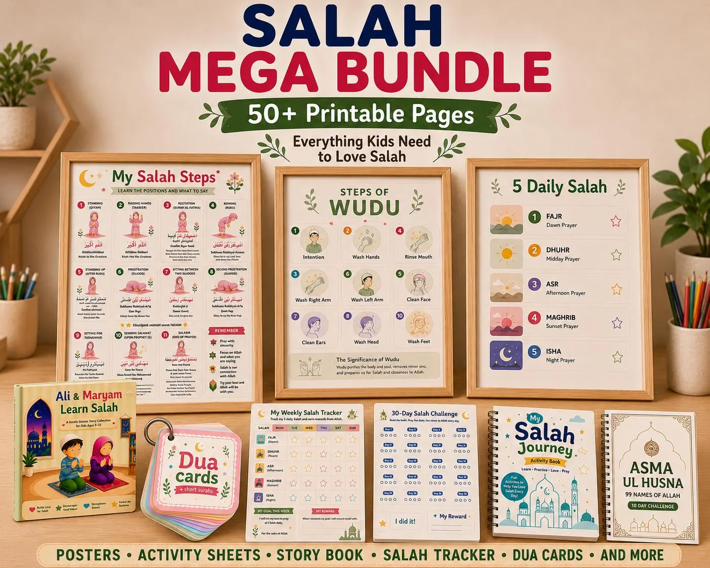 Islamic Homeschooling Salah Activity Pack, Wudu Poster, Dua Cards (Digital Download)