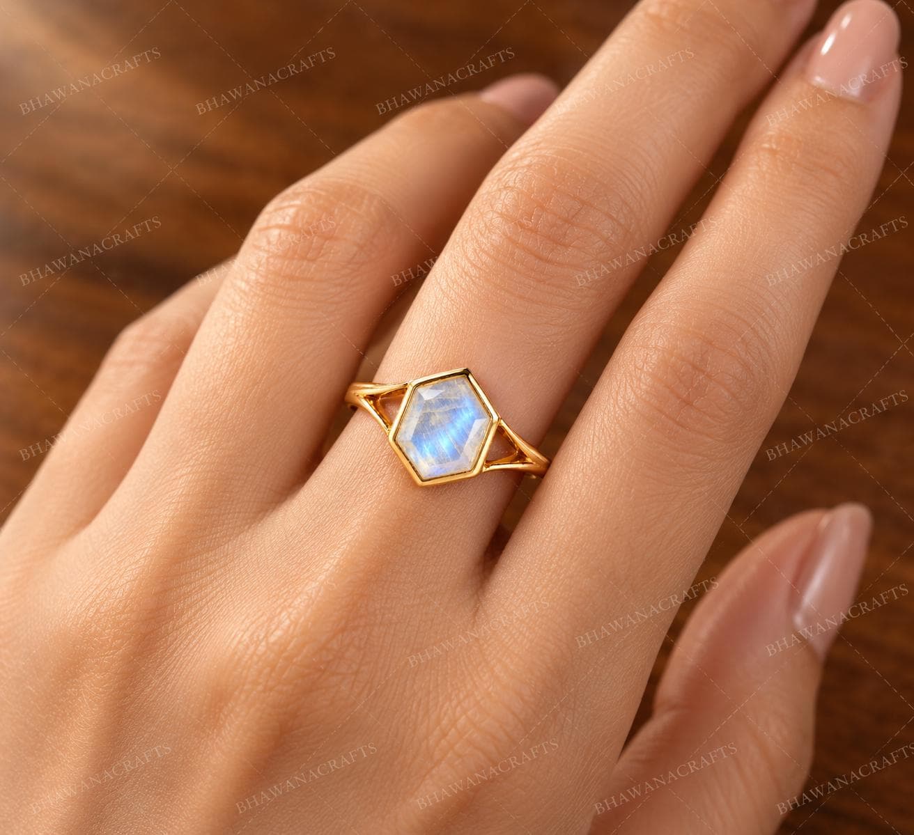 Moonstone Ring, 925 Sterling Silver, Hexagon Moonstone Ring, Rainbow Moonstone Ring, Handmade Gemstone Ring, Statement Ring, Gift for Her - image 2
