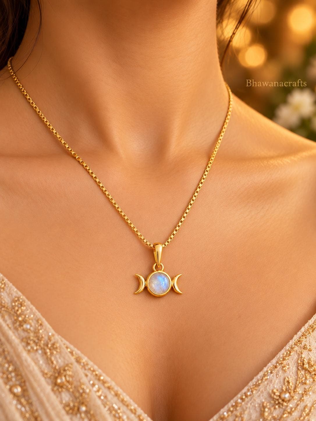 Moonstone Crescent Moon Pendant, 925 Sterling Silver Necklace, Celestial Jewelry, Triple Moon Necklace, Gift for Her - image 3