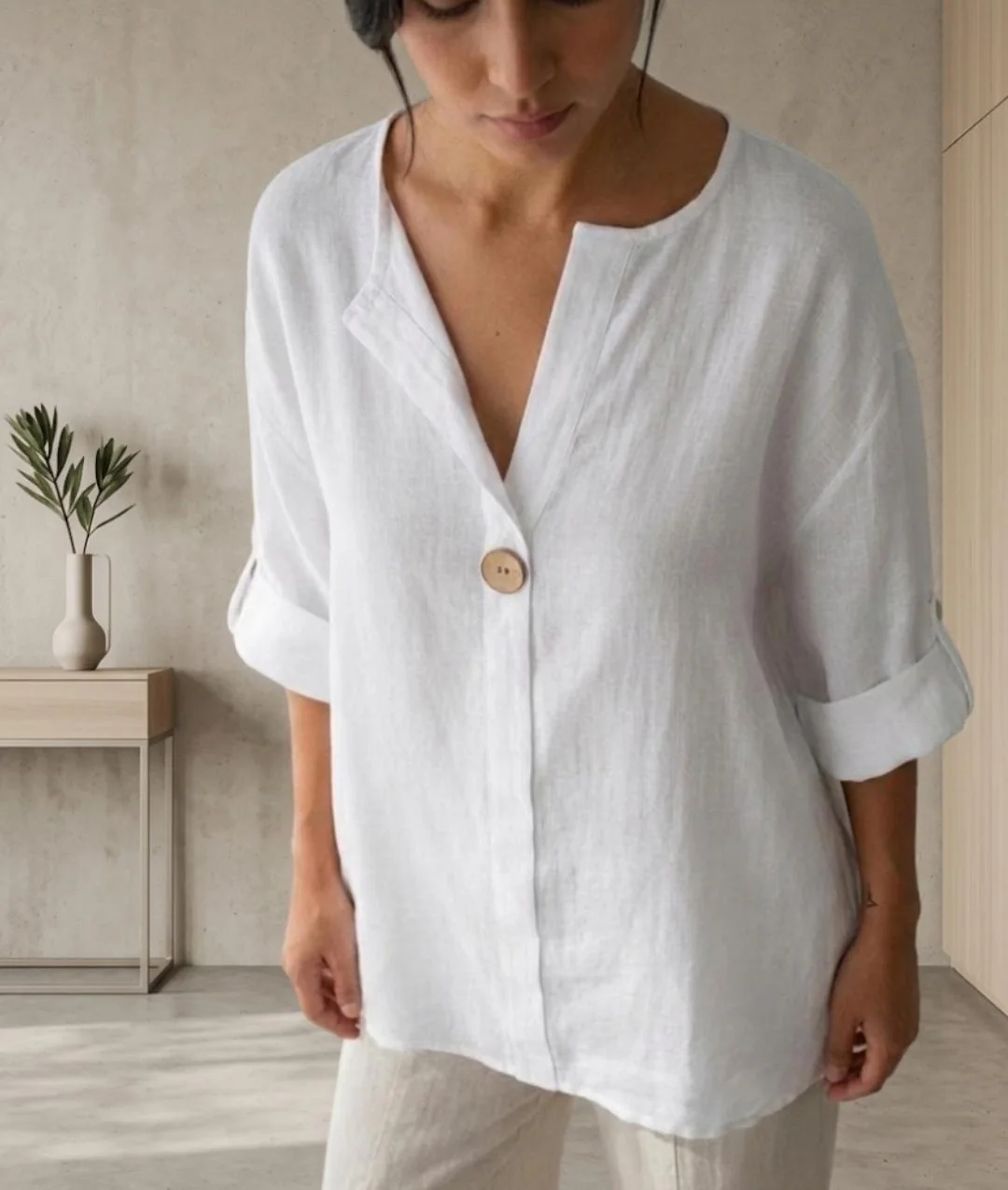 Linen V-Neck Blouse, Oversized Button Top, Roll-Up Sleeve Shirt, Boho Minimalist Tunic - image 4