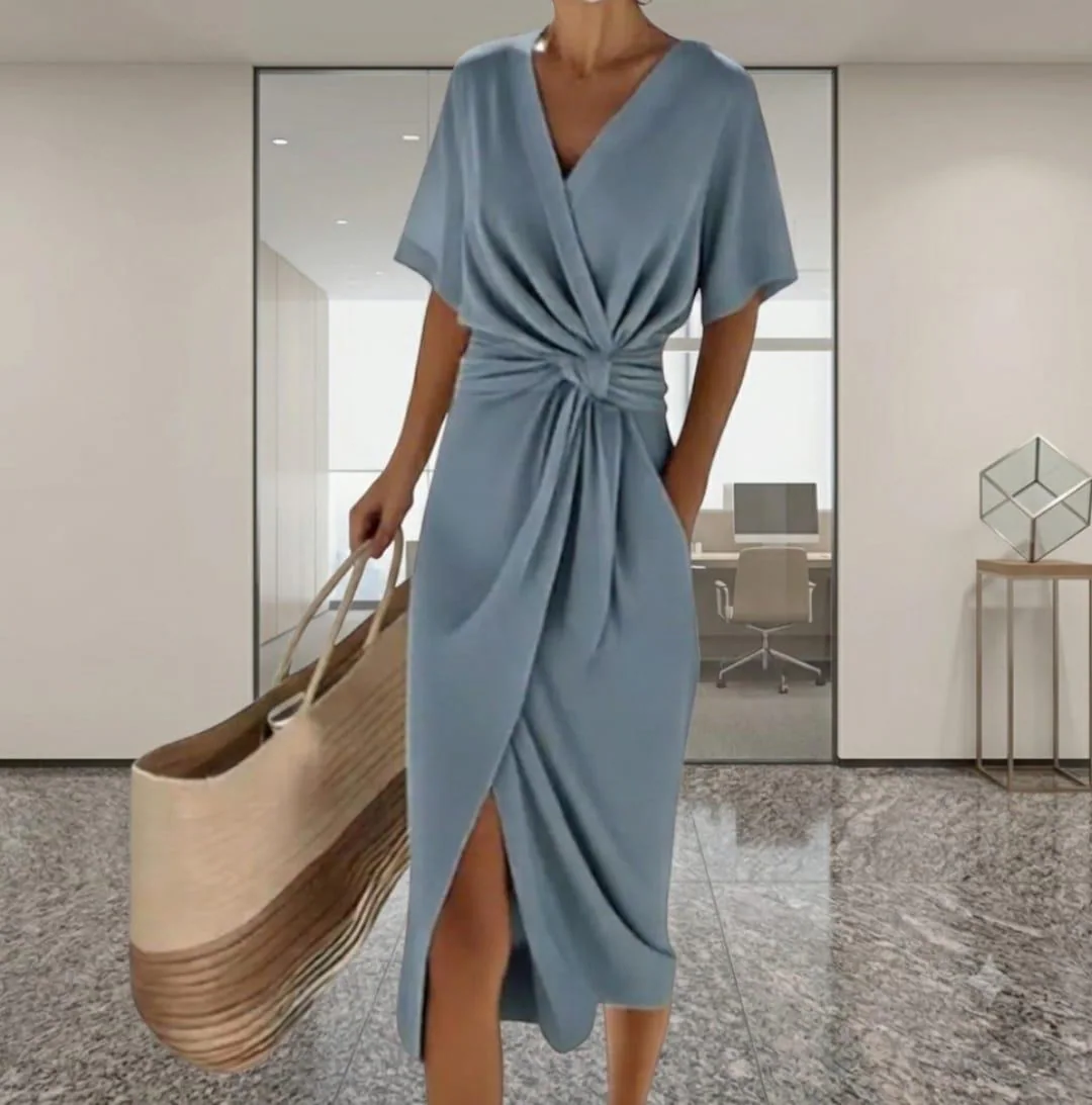 Women's Twist Front Midi Dress, Short Sleeve Faux Wrap Office Dress