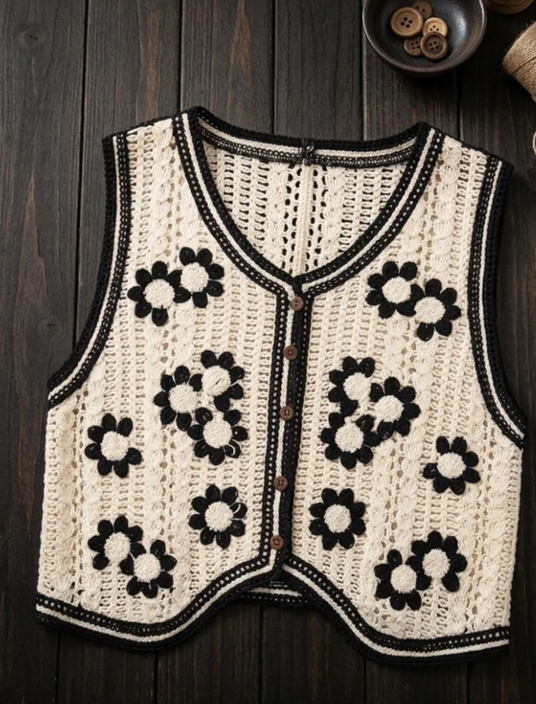 Crocheted Flower Vest, Cream Black Button Down Knit Top, Boho Summer Sleeveless Shirt - image 5