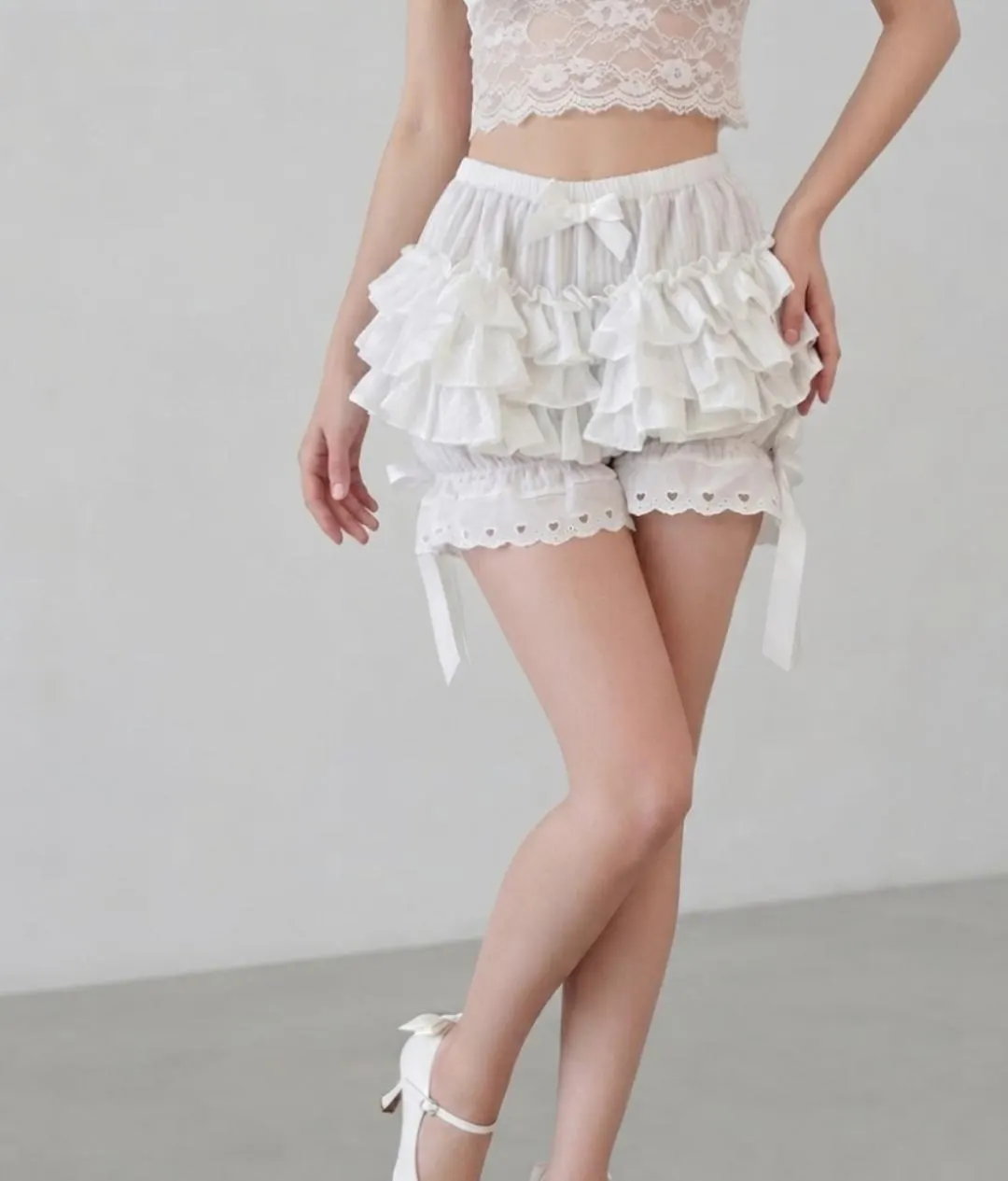 Tiered Ruffle Bloomer Shorts, Lace Trim, Cottagecore Bow Waist Bottoms