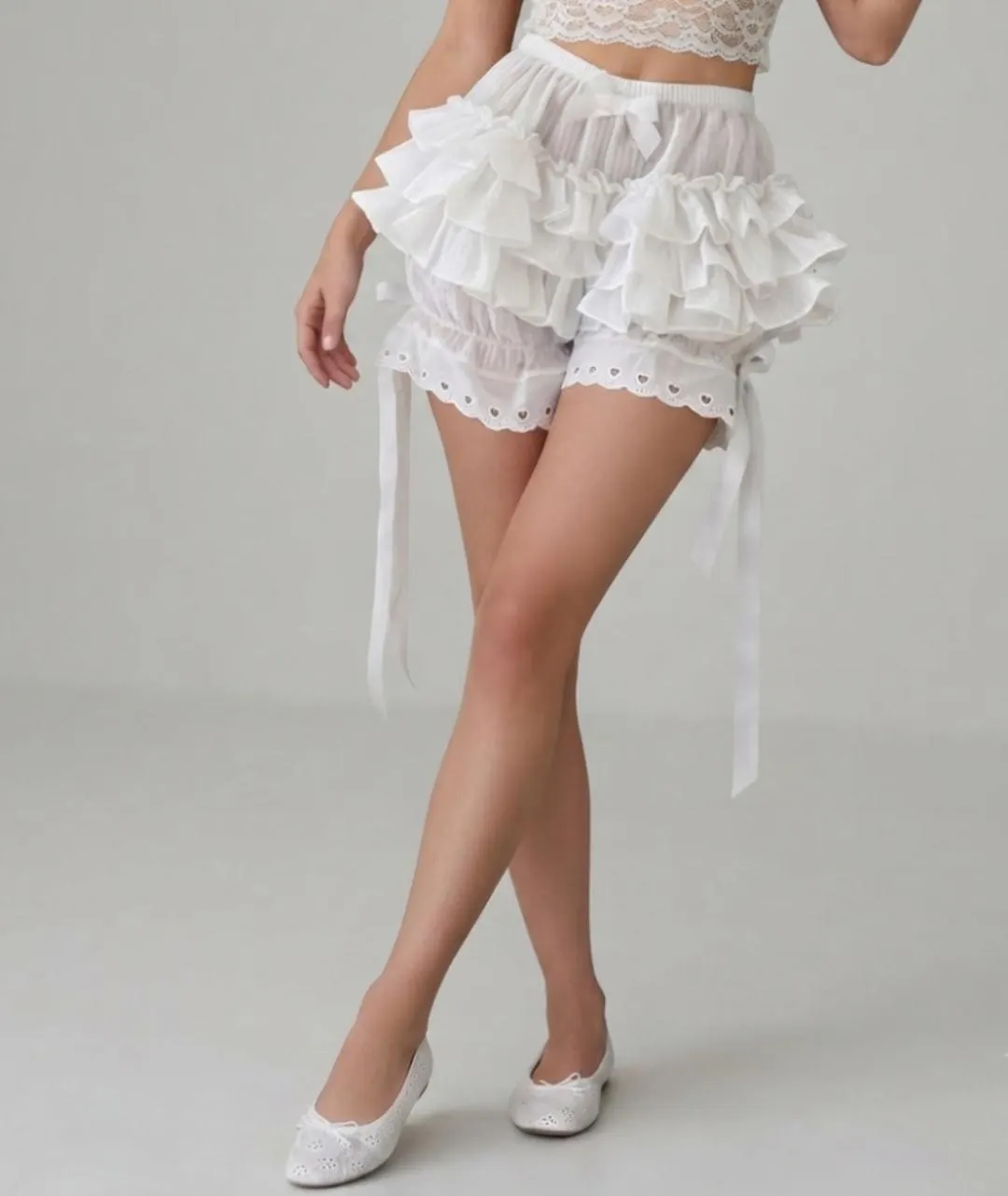Tiered Ruffle Bloomer Shorts, Lace Trim, Cottagecore Bow Waist Bottoms - image 4