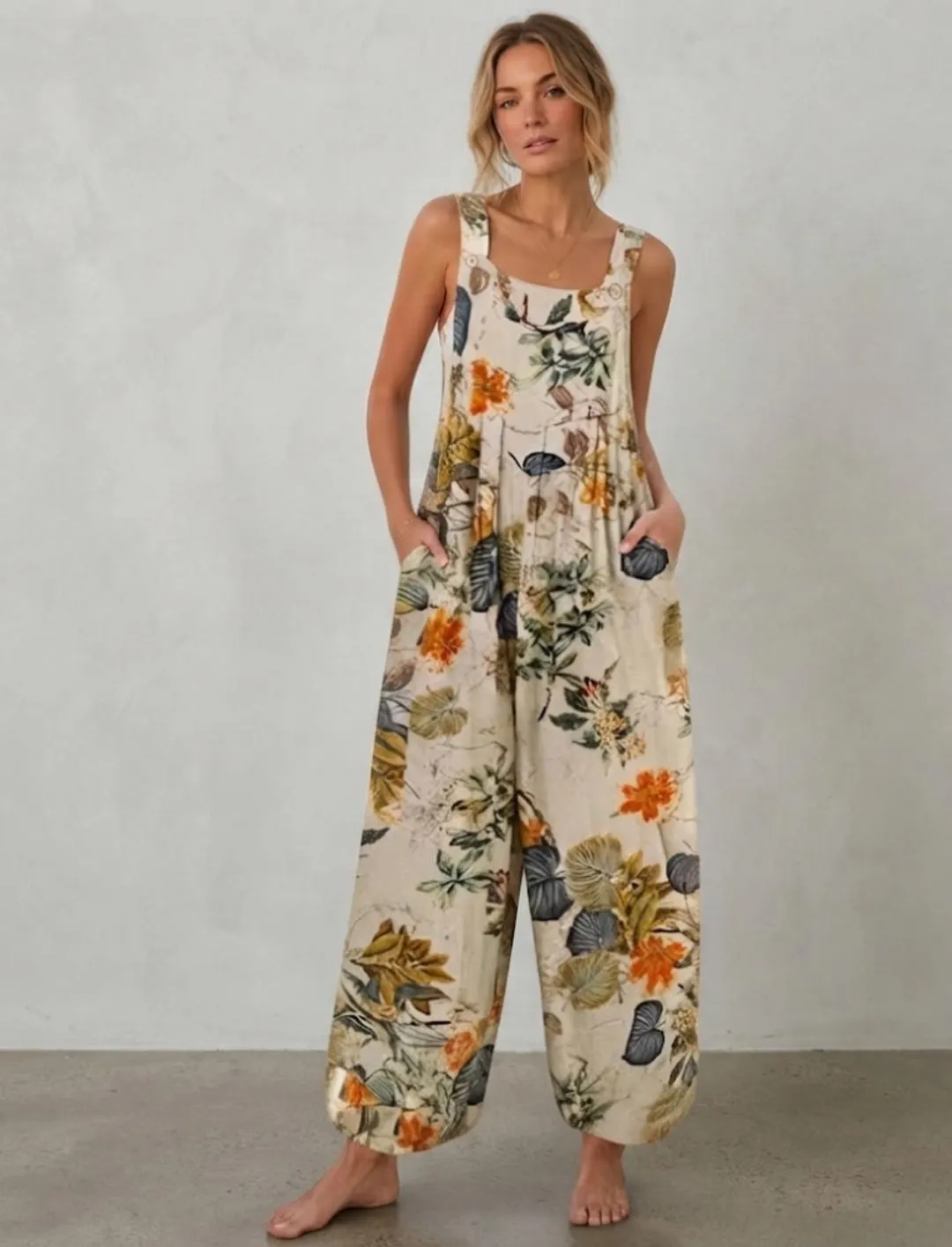 Floral Print Wide Leg Jumpsuit, Sleeveless Cotton Linen Boho Harem Romper - image 4