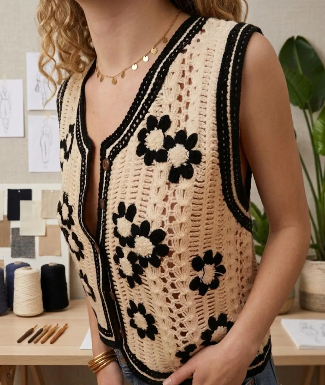 Crocheted Flower Vest, Cream Black Button Down Knit Top, Boho Summer Sleeveless Shirt - image 3