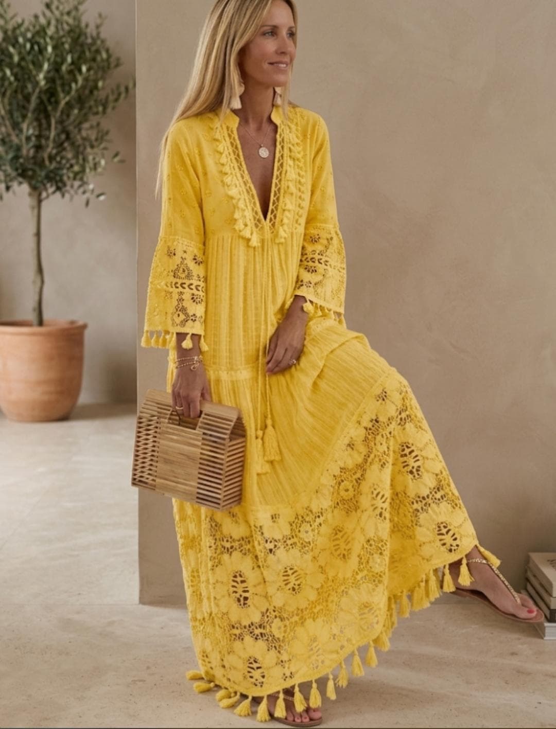 Linen Maxi Dress, Boho V-Neck Loose Fit, Striped Cotton-Blend with Pockets - image 4
