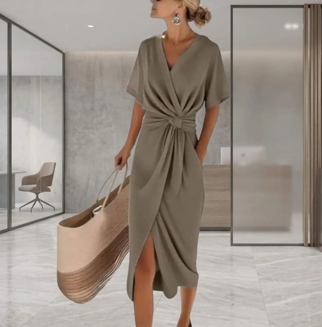 Women's Twist Front Midi Dress, Short Sleeve Faux Wrap Office Dress - image 4